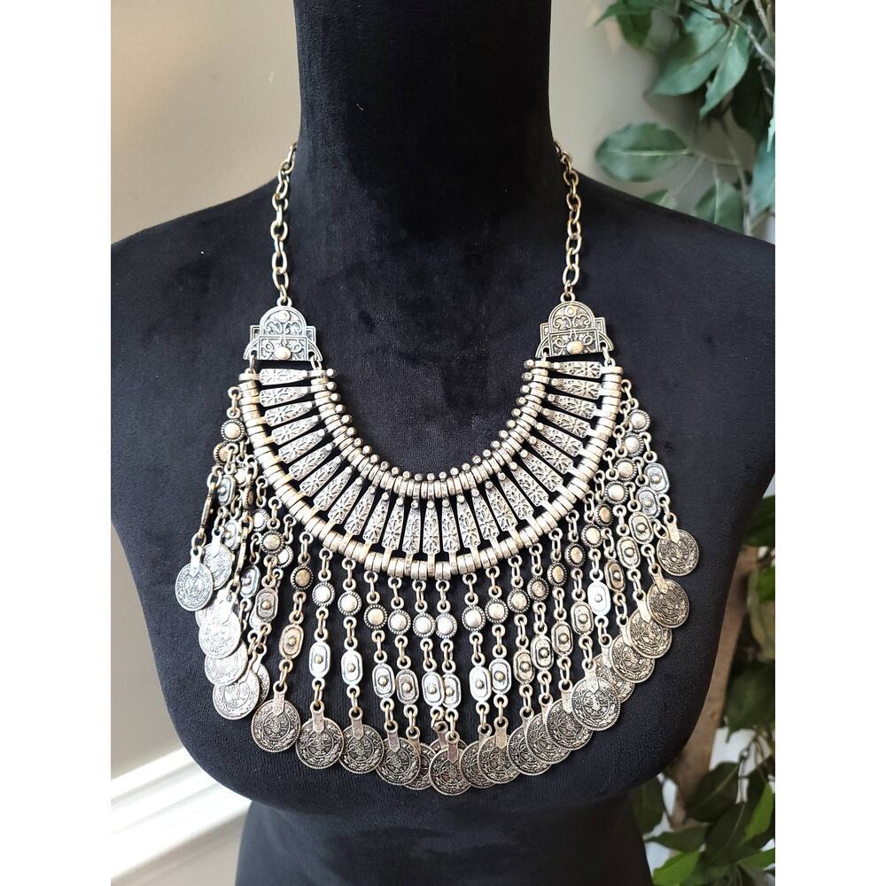 Women's Boho Statement Coin Bib Necklace Antique Silver Lobster Clasp Tribal‎